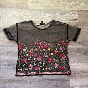 unique spectrum Floral embroidered Mesh Black Top Size XL